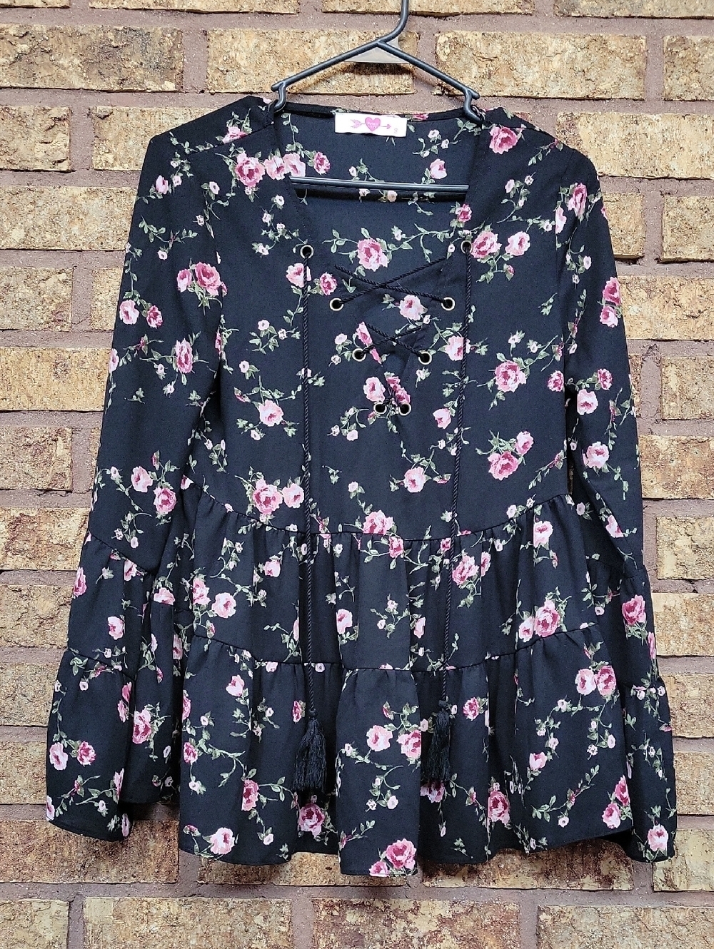 Buddy Love Floral Blouse With Bell Sleeves Peplum Silhouette Black Size XS